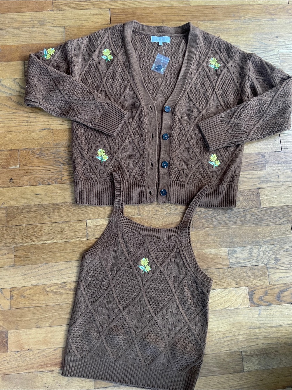 Floral-Embroidered Knit Cardigan and Tank Set